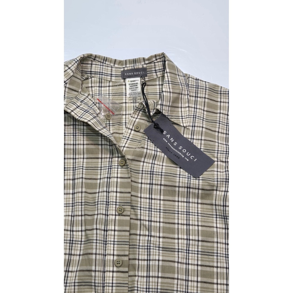Sans Souci Womens Cropped Plaid Button Down Shirt Olive Green Puff Sleeve Small - Picture 3 of 8